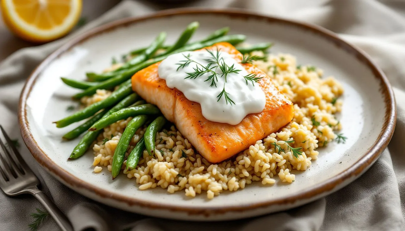 A plated serving of flaked air fryer salmon over lemony rice with garlicky green beans and a dollop of dill yogurt,