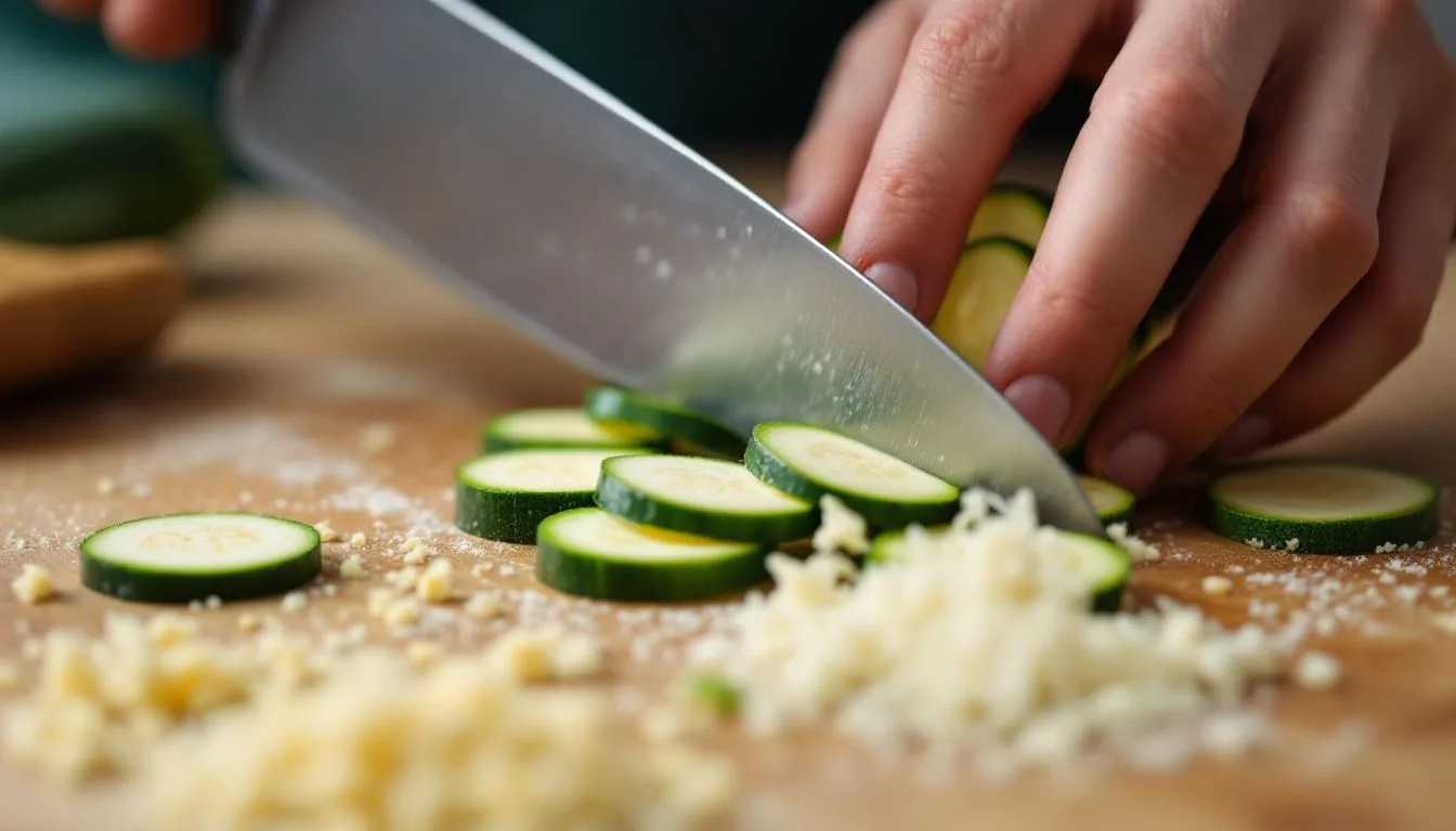Raw zucchini being sliced into rounds on a wooden cutting board, scattered panko and grated parmesan nearby, soft