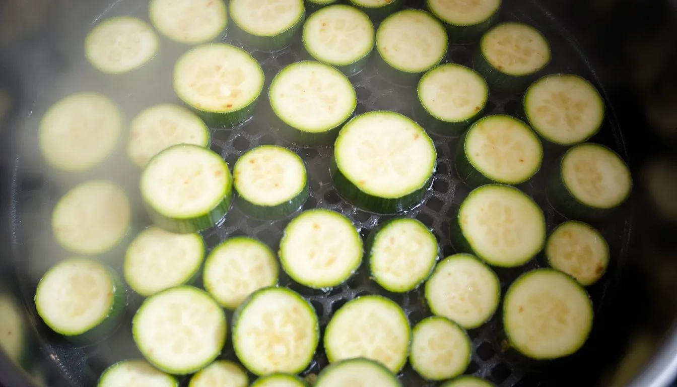 Zucchini rounds arranged in a single layer inside an open air fryer basket, steam rising slightly, bright kitchen