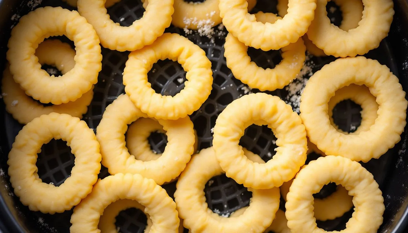 Overhead shot of raw canned biscuit dough rings arranged in an air fryer basket, soft natural kitchen light, crisp