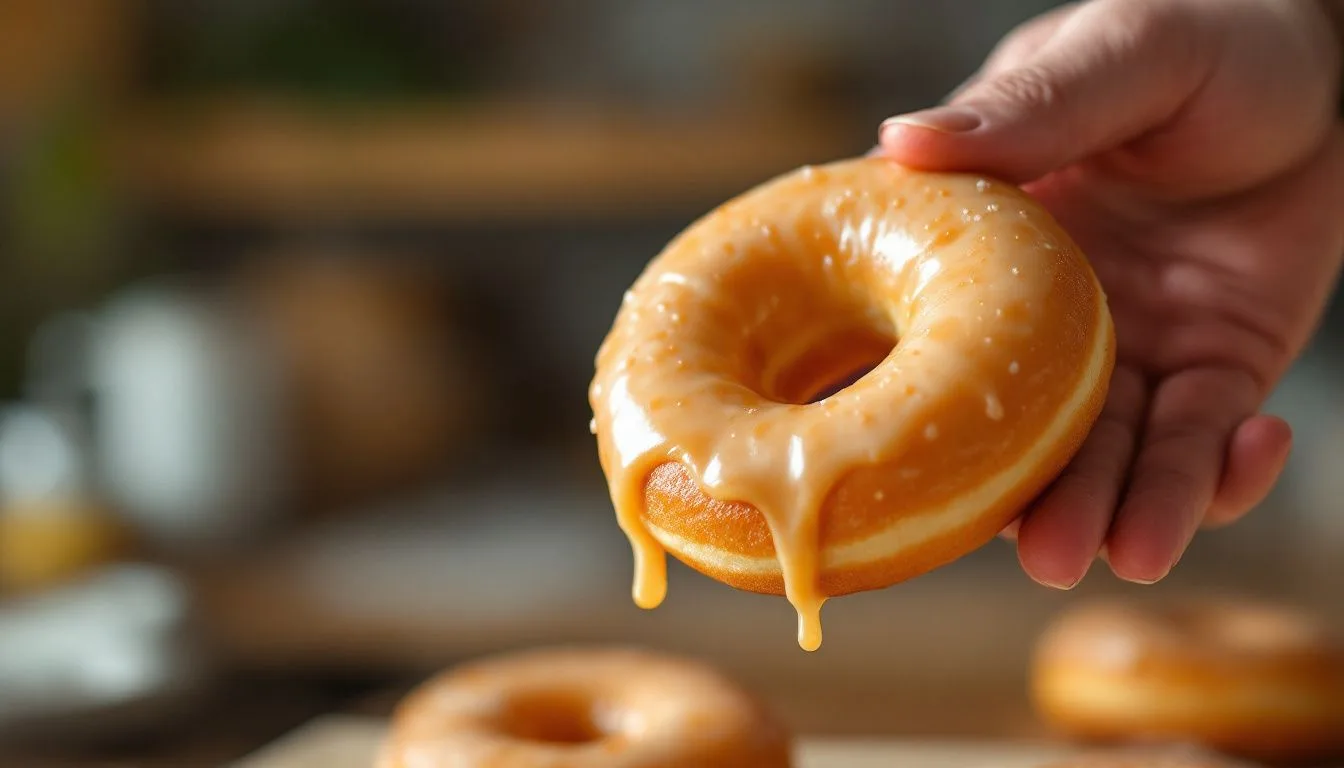 A single glazed donut being lifted with fingers, glaze dripping slightly, blurred cozy kitchen background, warm side