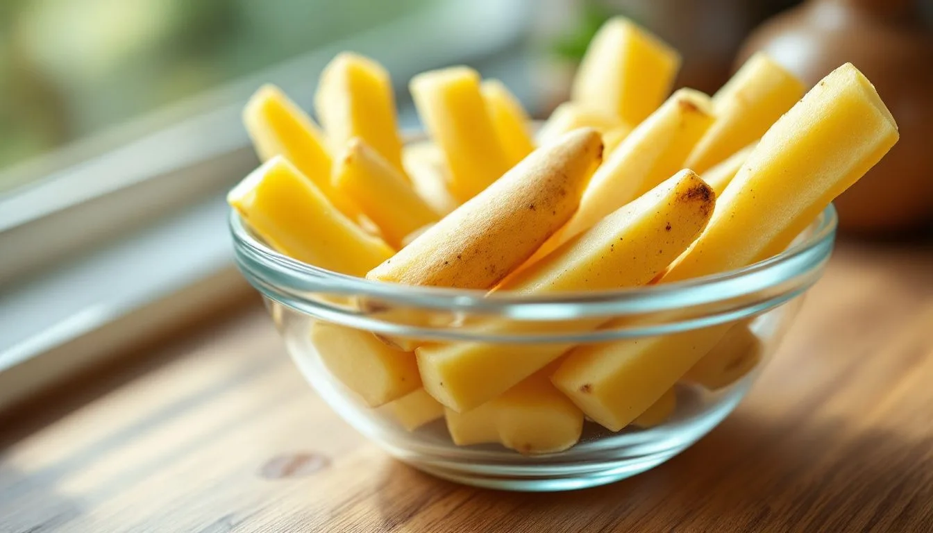 Raw russet potato sticks soaking in a clear glass bowl of cold water on a wooden countertop, soft morning window light,