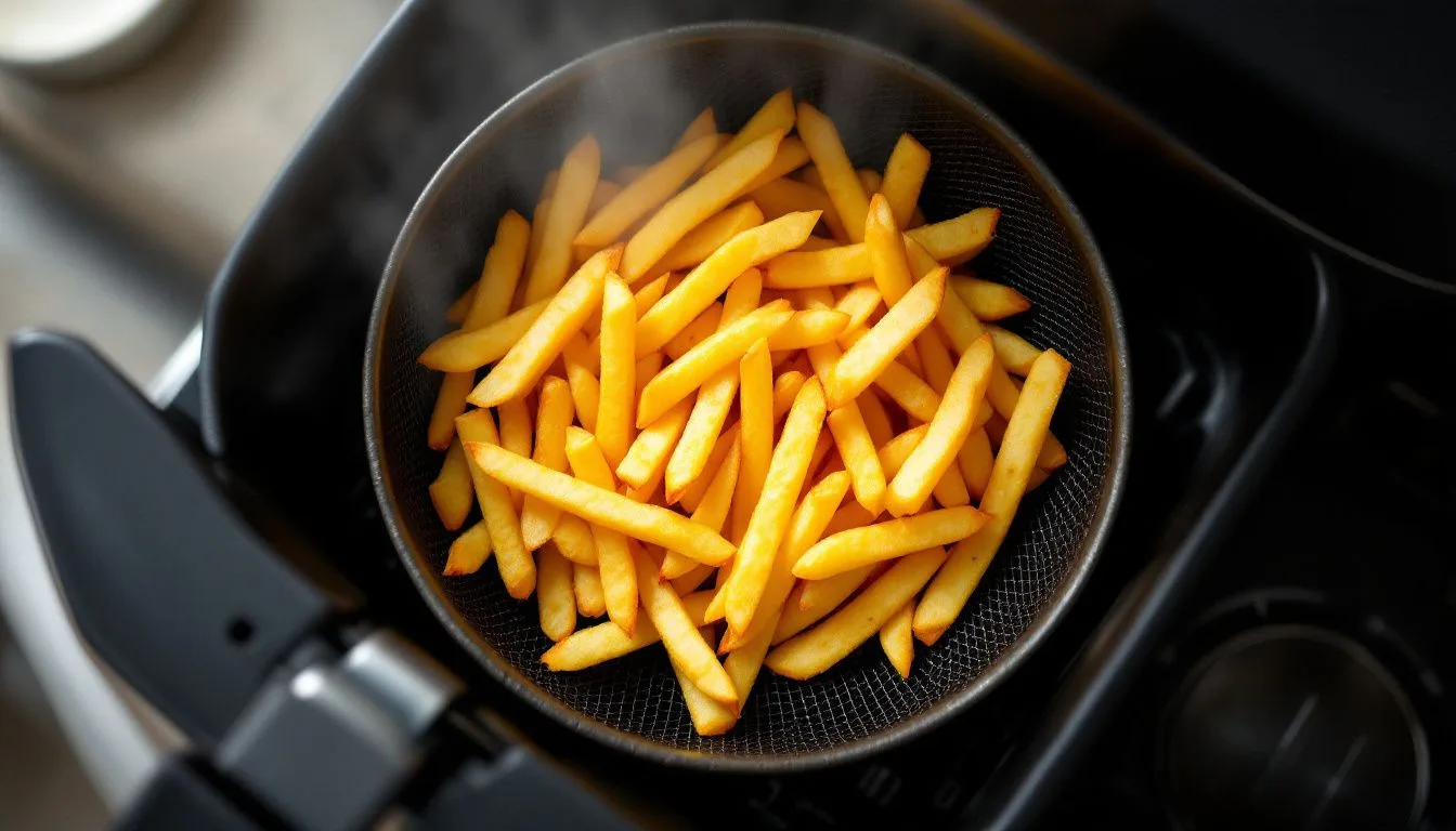 Fries arranged in a single layer inside an open air fryer basket mid-cook, steam rising, top-down view, bright even
