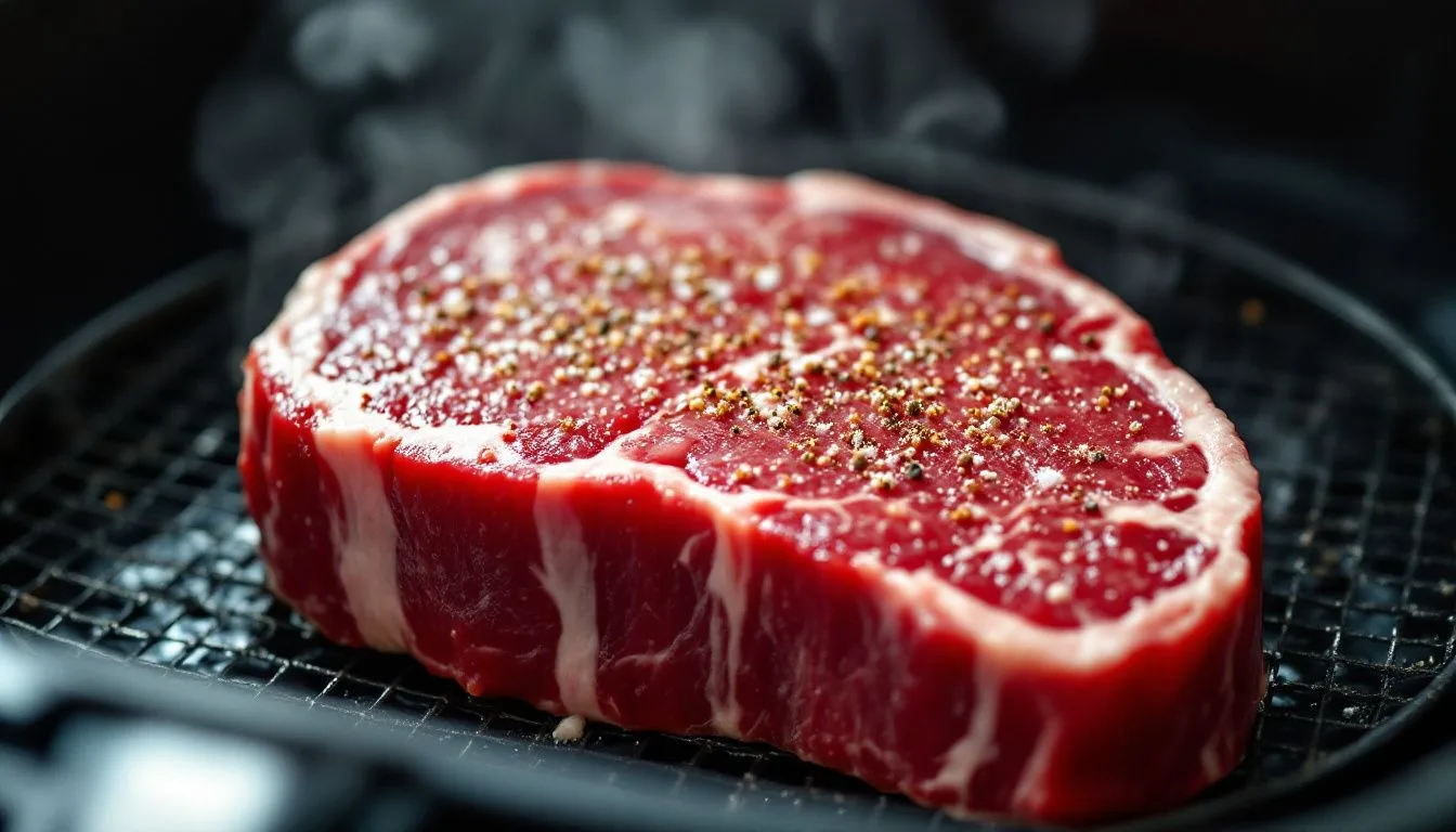A raw seasoned ribeye steak sitting in an open air fryer basket, coarse salt and cracked pepper visible, bright kitchen