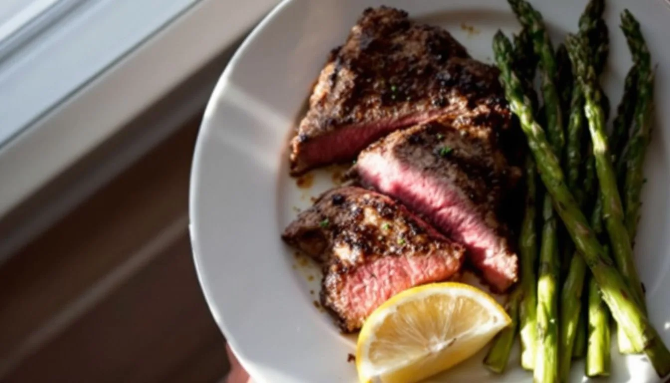 A plated air fryer steak sliced against the grain next to roasted asparagus and a lemon wedge on a white ceramic plate,