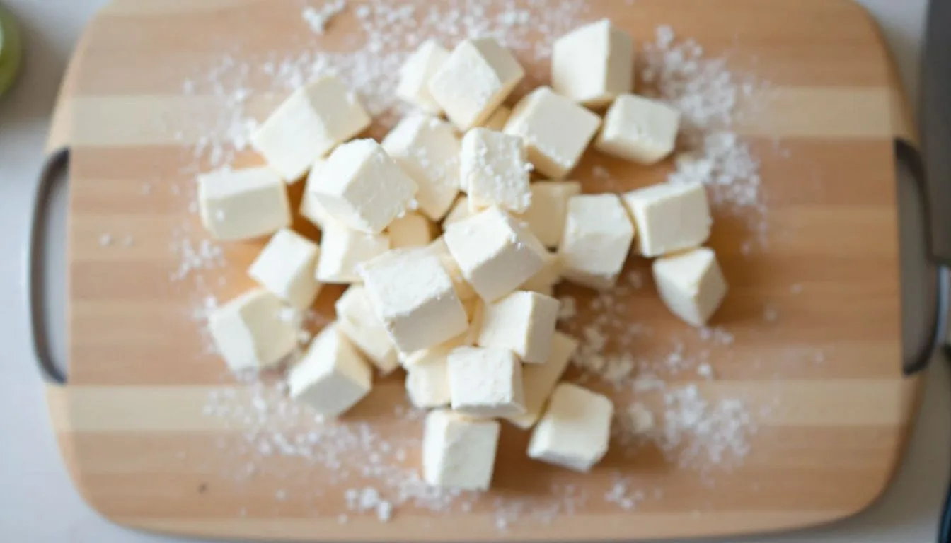 Pressed extra-firm tofu cut into cubes on a wooden cutting board being tossed with cornstarch, soft morning kitchen