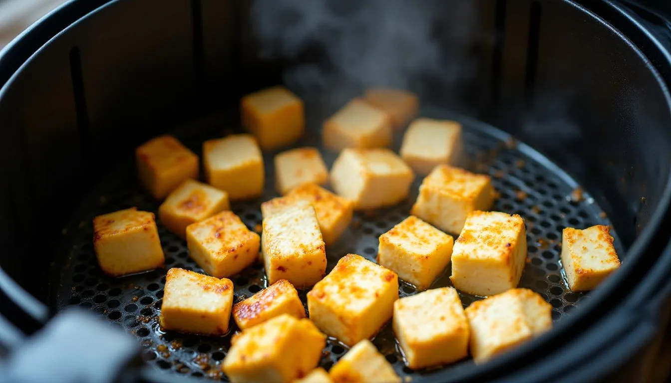 Air fryer basket open showing a single layer of browned tofu cubes mid-cook, steam rising, bright kitchen lighting,