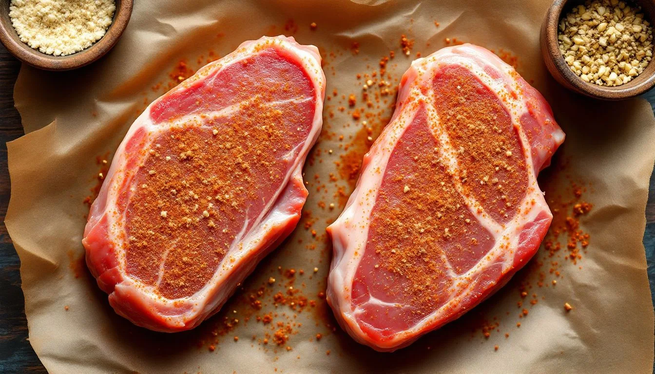 A overhead shot of raw pork chops coated in a paprika and garlic spice rub on parchment paper, small bowls of seasoning
