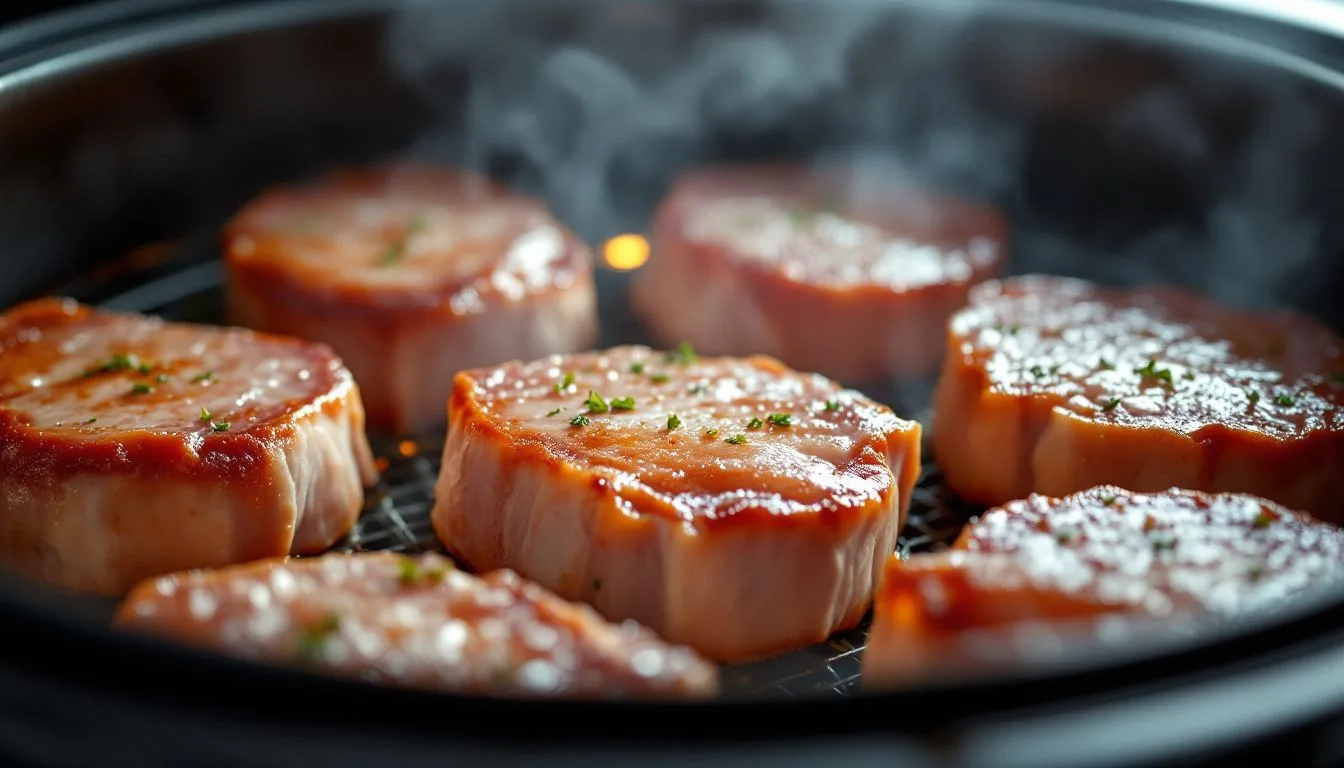 A image of pork chops arranged in a single layer inside an open air fryer basket, steam rising, warm interior light