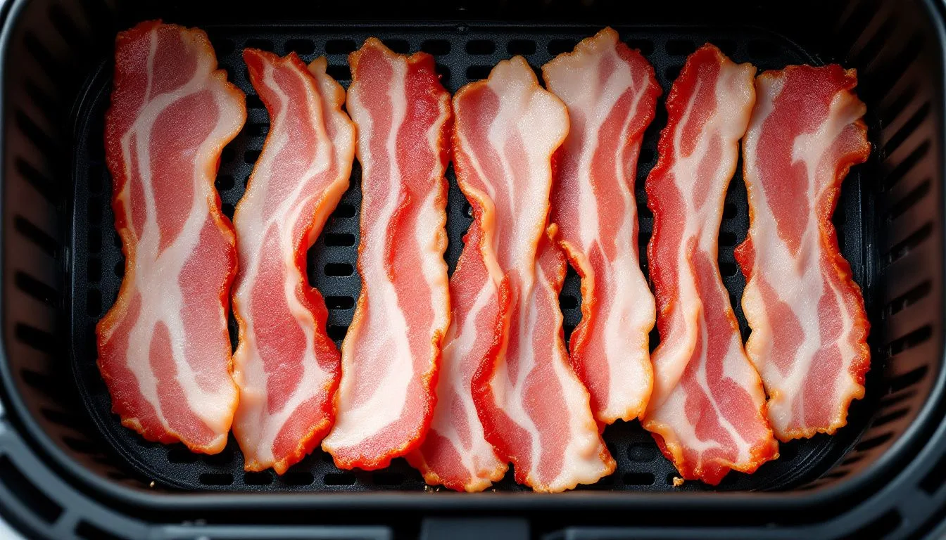 Overhead shot of raw bacon strips laid flat in a single layer inside an air fryer basket, bright natural daylight,