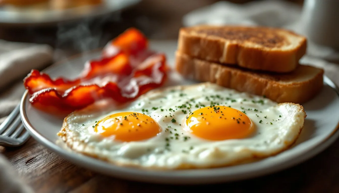 Image of a plate of crispy cooked bacon next to sunny-side-up eggs and toast, soft breakfast-table lighting, steam
