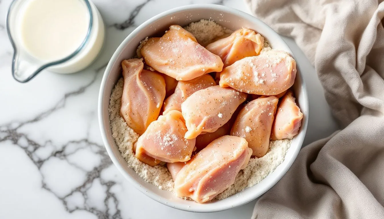 Raw chicken pieces coating in a bowl of seasoned flour dredge beside a jug of buttermilk on a marble countertop, soft