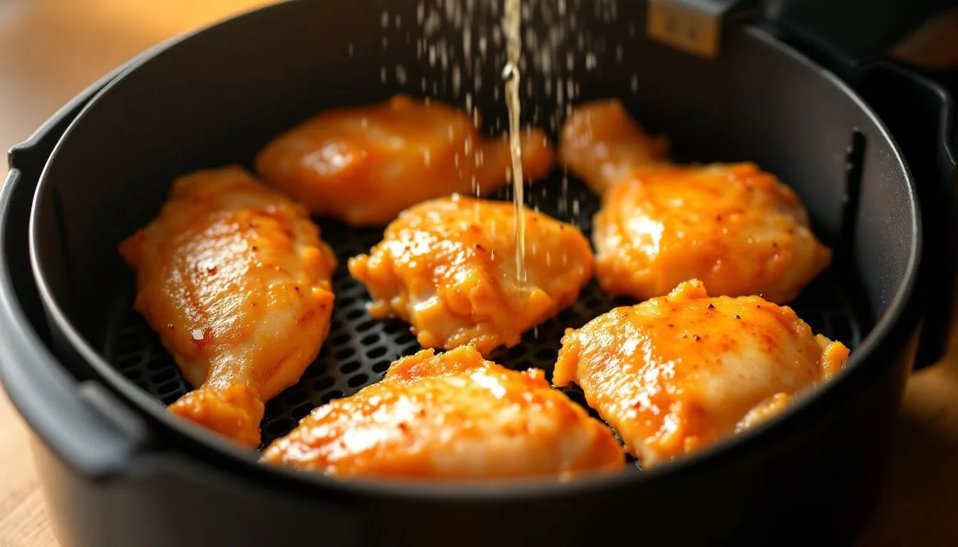 Chicken pieces arranged with space between them in a black air fryer basket, being lightly misted with oil spray, warm