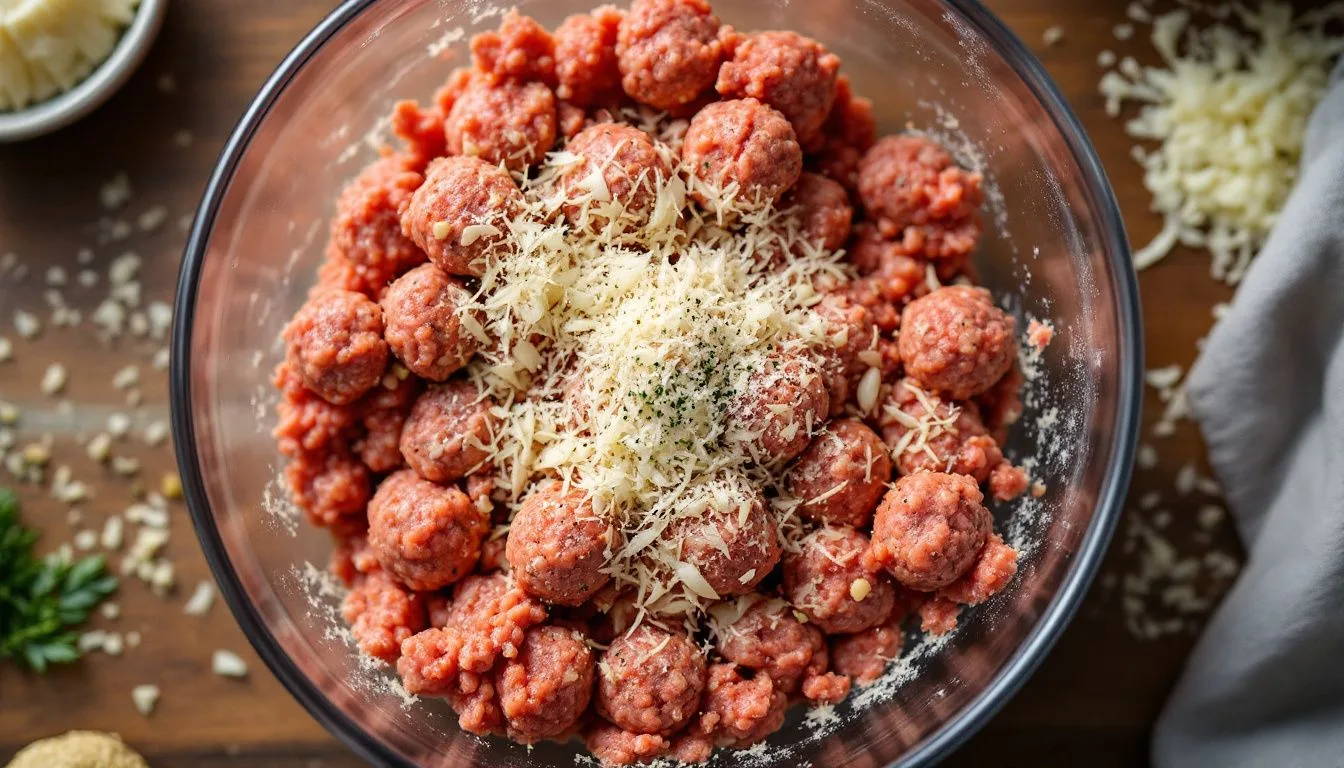 A mixing bowl of raw seasoned meatball mixture with grated onion, garlic and Parmesan nearby, soft daylight on a wooden