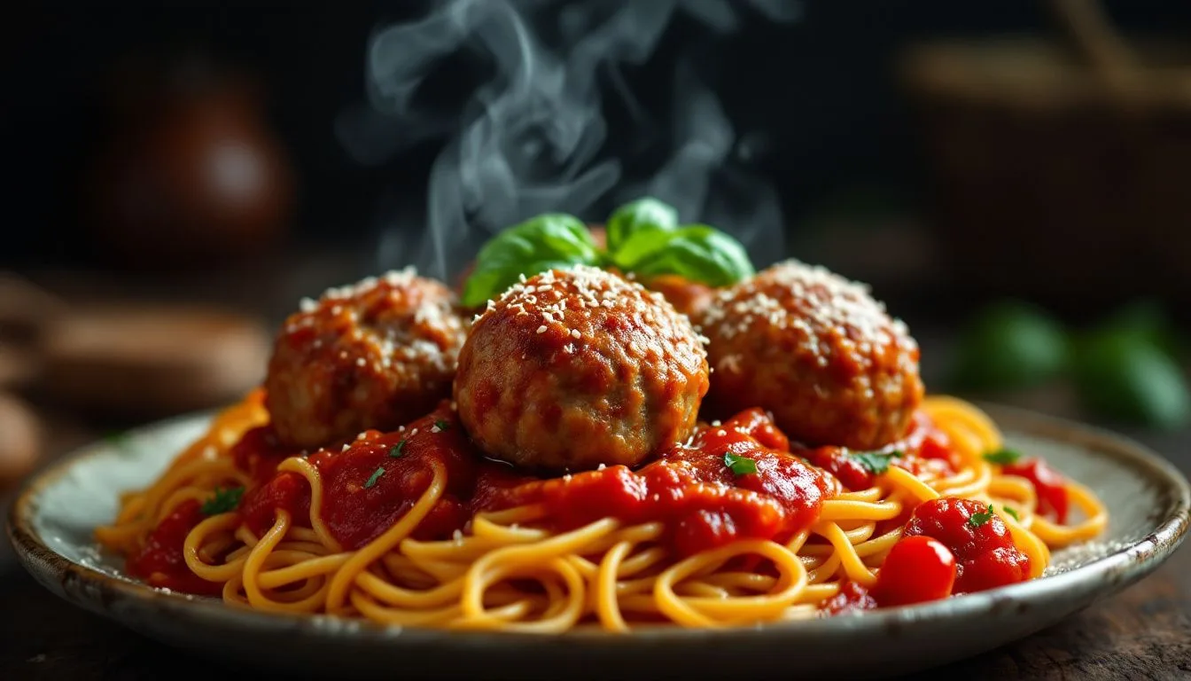 Finished meatballs plated over spaghetti with marinara and fresh basil, steam rising, moody side lighting, 35mm lens