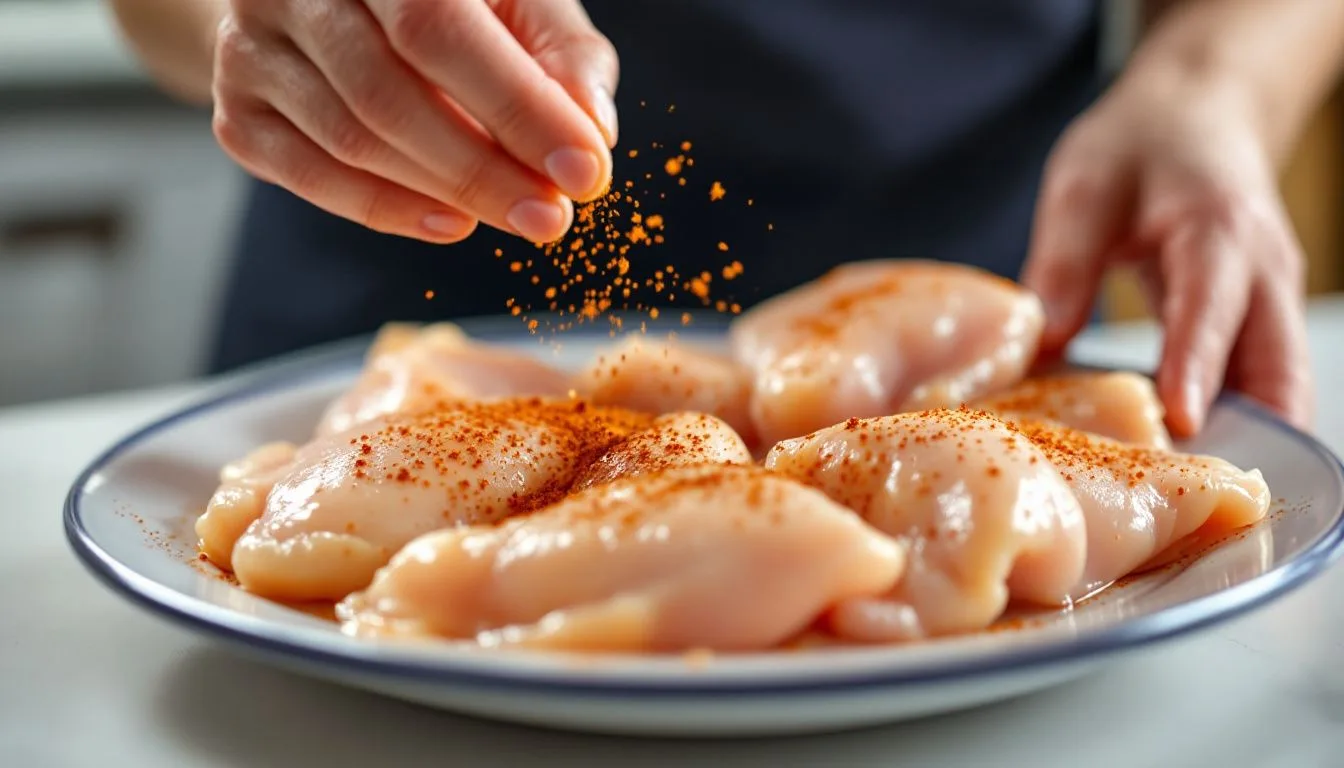 Raw chicken breasts on a plate being seasoned with paprika and spices, hands sprinkling seasoning, bright kitchen