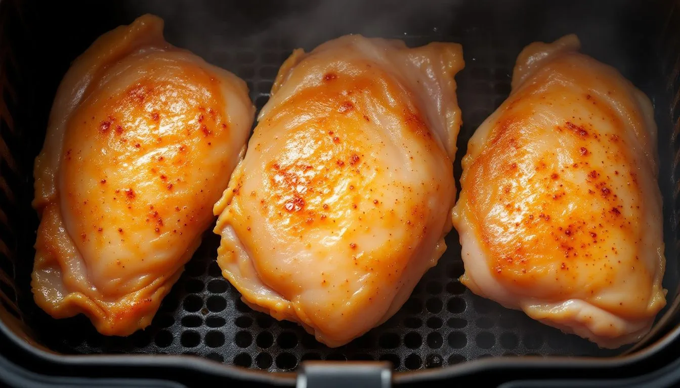 Chicken breasts arranged with space between them inside an open air fryer basket, golden and glistening, steam rising,