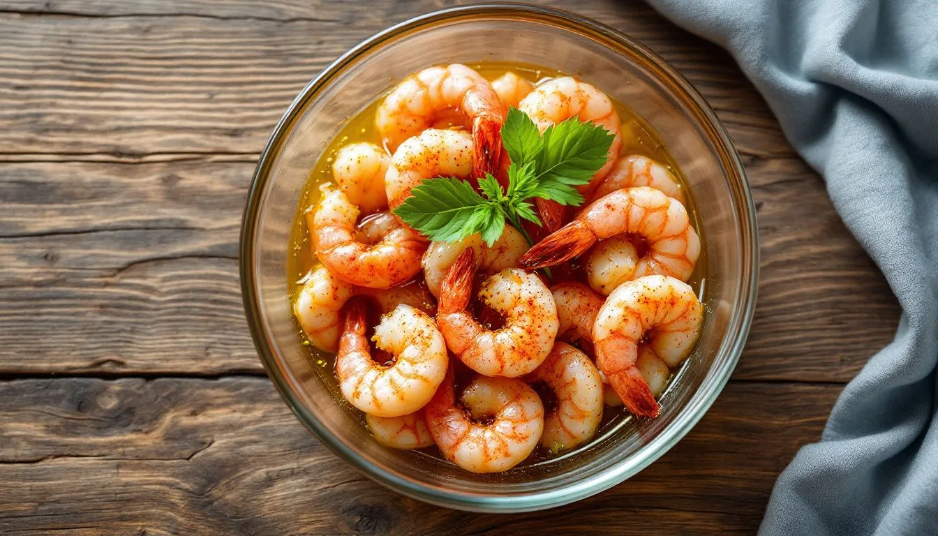 Overhead shot of raw shrimp tossed in paprika and garlic oil in a glass bowl on a wooden counter, soft daylight, 35mm