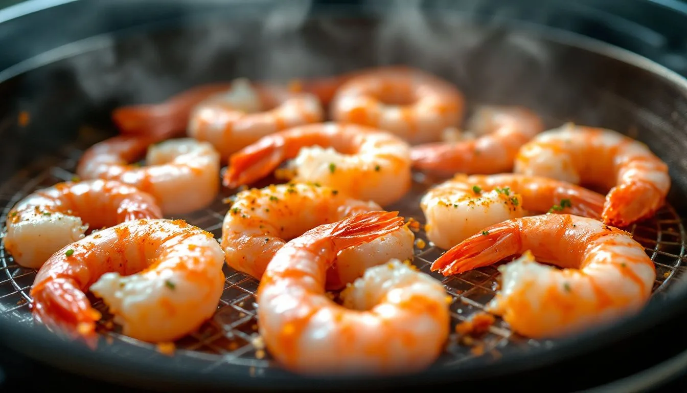 Image of seasoned shrimp arranged in a single layer inside an open air fryer basket, steam rising, bright kitchen